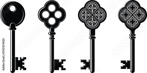 Vintage key silhouette vector, antique lock icons, ornate bow design, classic shapes, black illustration, decorative elements, historical style, retro graphic