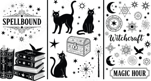Witchcraft and magic vector illustration, black and white, black cats, raven, spell books, mystical symbols, celestial design, Halloween fantasy, occult graphic art