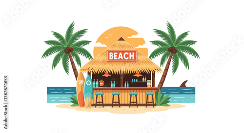 Escape to Paradise Relaxing at a Beach Bar with Tropical Vibes and Surfboards, Perfect for Summer Getaways and Vacation Dreams