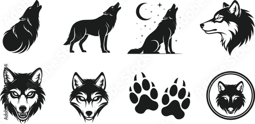 Wolf silhouette vector illustration, howling wolves, fierce expressions, paw prints, moon and stars, wild animal icons, black design, nature graphic