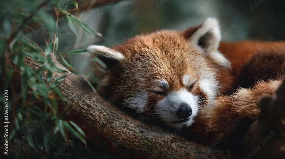 Naklejka premium A red panda sleeps peacefully curled up on a tree branch surrounded by foliage