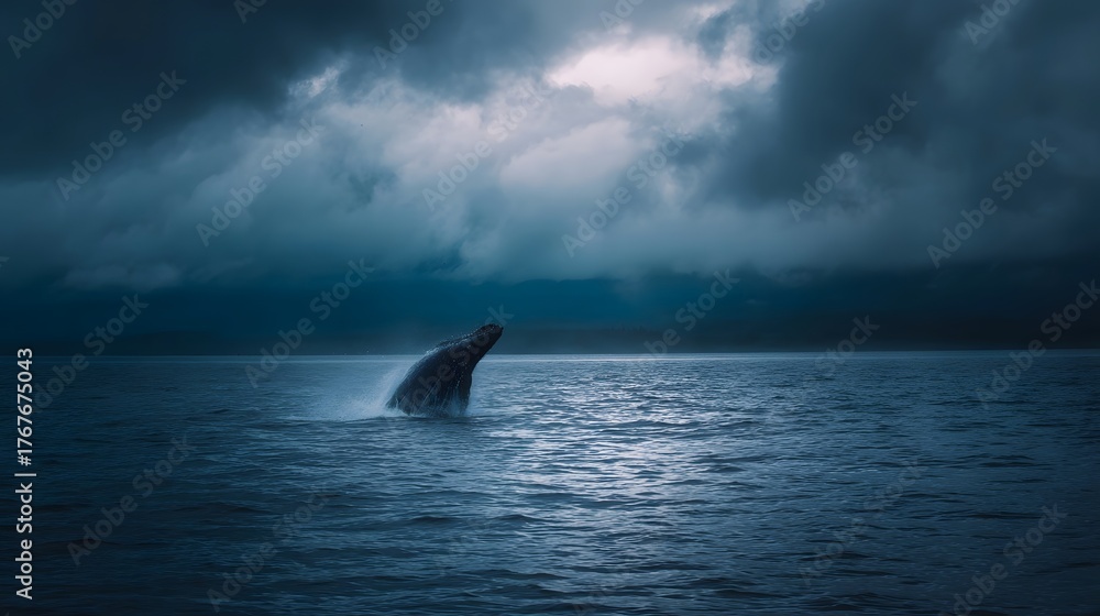 Fototapeta premium Majestic whale breaching from the ocean under a dramatic stormy sky