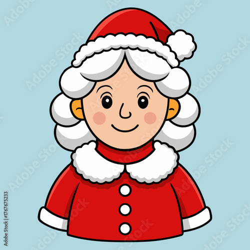 Christmas illustration of mrs claus with red dress and hat with white fur on a light blue background color