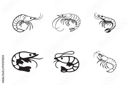 shrimp icon set, shrimp logo, shrimps collection, shrimp seafood icon for restaurant, sea fish silhouette,  vector illustration EPS