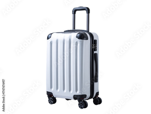 Stylish white suitcase with wheels for travel.