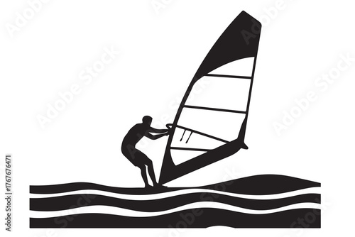 Windsurfer silhouette on wavy water isolated on white