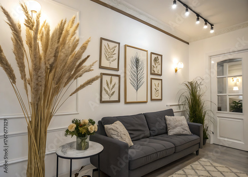 Modern and unique style living room with white wall, framed wheat art, ass color sofa, pampas grass, and cozy lighting.