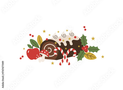 A traditional Christmas dessert, the Christmas yule log cake, also known as Buche de Noel, features edible sweet mushrooms and berries