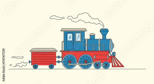 Charming cartoon illustration of a classic blue and red steam train with a tender car, emitting smoke as it moves.