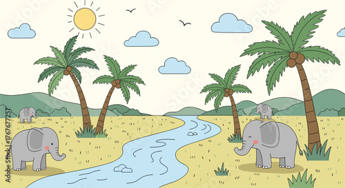 A cheerful cartoon landscape illustration featuring elephants, palm trees, a winding river, and distant mountains under a sunny sky.