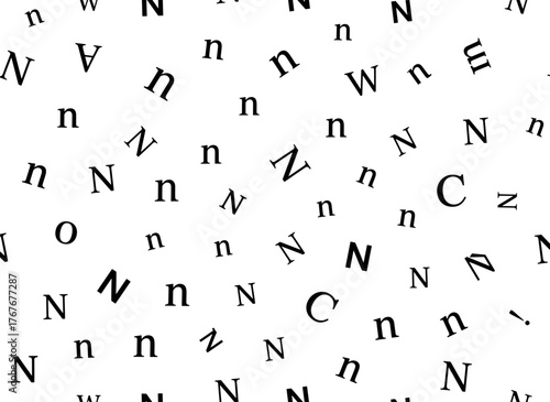 A vector seamless alphabet pattern with bold black Latin letters on a unique, repeatable white background, creating a trendy fashion design featuring the letter 'n
