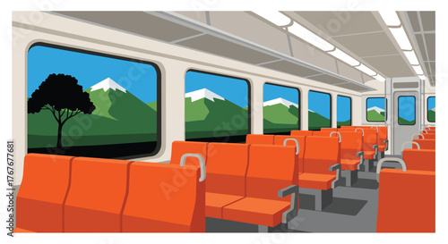 Scenic train ride illustration with mountain views for travel and tourism campaigns, showcasing comfortable transport and beautiful landscapes