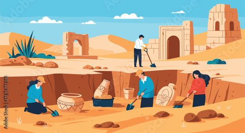 Archaeologists diligently excavate ancient ruins in a vast desert landscape, unearthing valuable historical artifacts and pottery.
