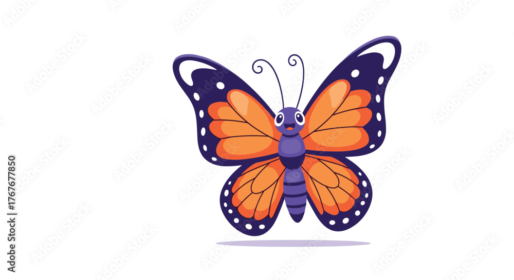 Obraz premium A cheerful orange and purple cartoon butterfly with a smiling face, spread wings, and antennae, isolated on a white background.