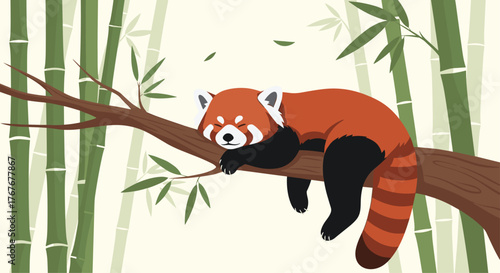 A beautiful red panda is taking a peaceful nap on a thick tree branch, nestled comfortably within a vibrant bamboo forest.