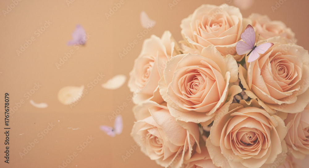 Fototapeta premium Bouquet of peach roses with butterflies on soft pastel background 