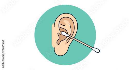 Ear care illustration shows an ear being cleaned with a cotton swab on a white background with a teal circle outline.