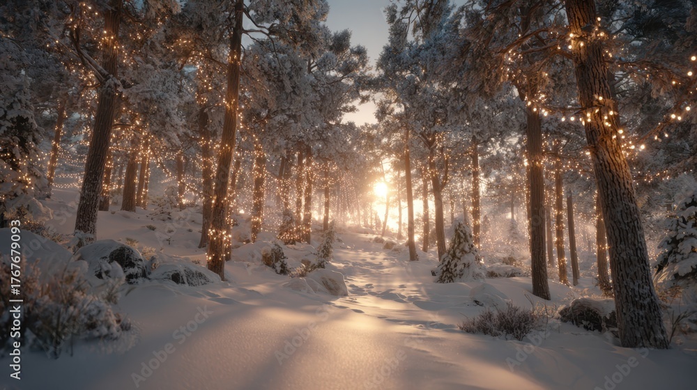 Naklejka premium Serene Winter Wonderland with Twinkling Lights and Snowy Pathway