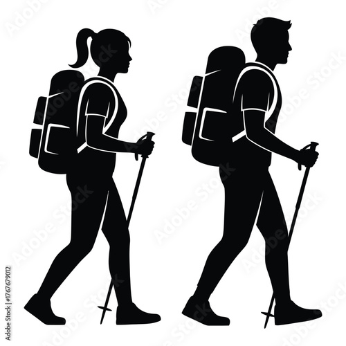 Silhouette couple backpacking trekking hiking adventure outdoors people
