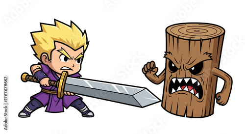 Cartoon swordsman facing an angry wooden log with spiky teeth in dynamic battle position
