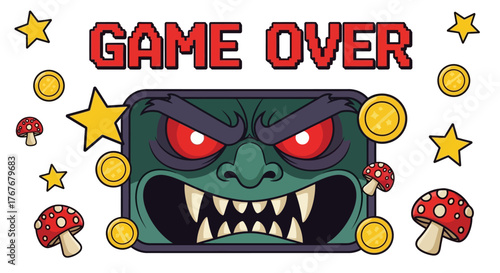 Retro Video Game Over Screen Featuring a Menacing Monster and Collectible Elements