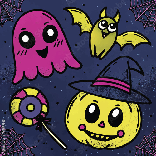 Hand-drawn Halloween cartoon with pink ghost, yellow bat, pumpkin witch, and lollipop.

