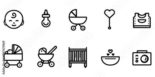 Collection of baby care and nursery icons in a simple line art style isolated on transparent background