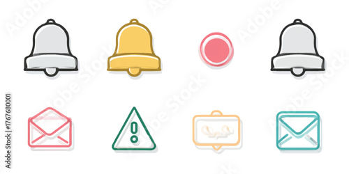 Collection of stylized notification icons including bells envelopes and warning symbols in soft colors.
