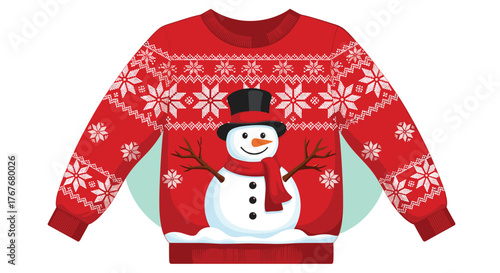 A cheerful red Christmas sweater featuring a happy snowman wearing a black top hat and red scarf, surrounded by white snowflake patterns.