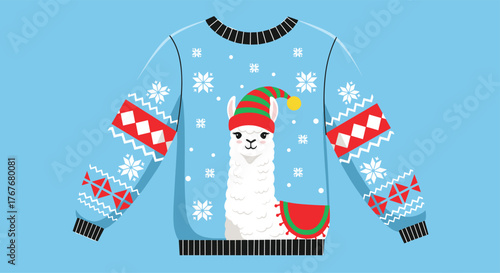 Festive llama sweater in light blue with Christmas hat and snowflake patterns on a blue background.