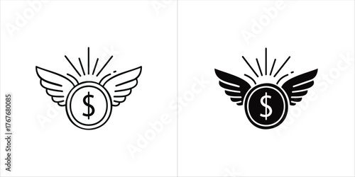 Vector art of dollar coin with wings and sunburst, line art and solid icon versions