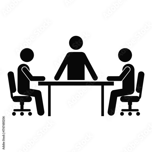 Simple silhouette of three people in a business meeting around a table