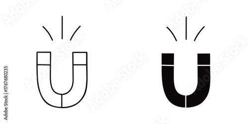 Vector art of ushaped magnet with magnetic field lines, line art and solid icon versions