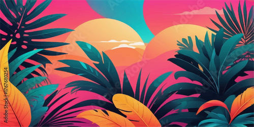 Escape into a tropical dream where colors dance with the sunset. A blend of warm horizons, lush leaves, and pure creative imagination