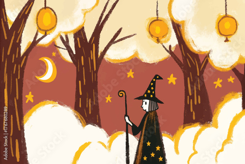 Whimsical night witch in forest with glowing moon and stars.
