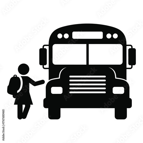 School bus pickup icon silhouette of student with backpack ready to board