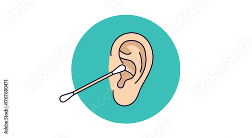 Illustration of a cotton swab cleaning the outer part of a human ear.
