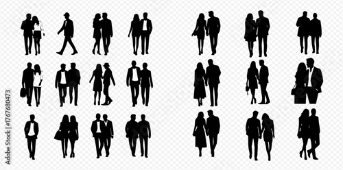 Collection of black silhouettes of couples and individuals walking and standing, isolated on a transparent background.