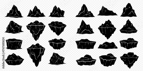 Collection of stylized black rock formations, mountain peaks, and floating islands graphic resources.