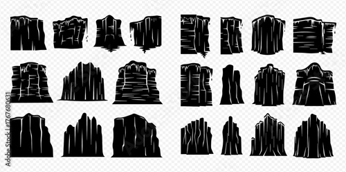 Diverse black rock and cliff silhouettes, ideal for game assets or natural landscape designs, featuring jagged peaks and layered formations.