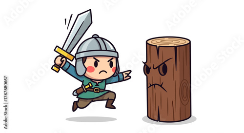 Cartoon warrior facing an angry wooden log monster with drawn sword in an epic battle