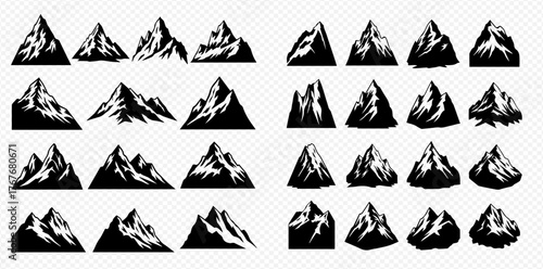 A collection of various black and white mountain peak silhouettes with detailed rock and snow textures on a transparent background, suitable for graphic design.