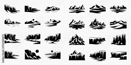 A collection of black and white vector illustrations depicting various mountain ranges, hills, and rock formations with stylized landscapes and reflections.