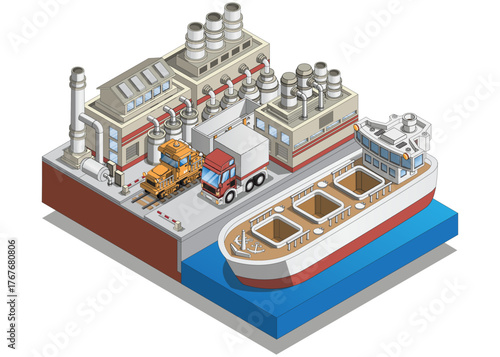 Sea industrial port. Isometric. Isolated on white background. Vector illustration.