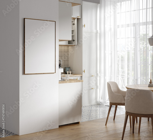 Frame mockup in cozy light kitchen interior, Scandinavian style, 3d render