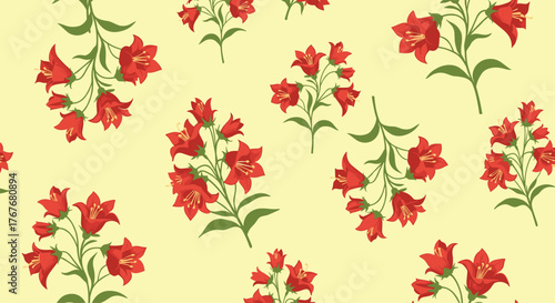 Floral design with red bellflowers on a pale yellow background, a repeat pattern suitable for fabric or wallpaper design, a seamless allover print.