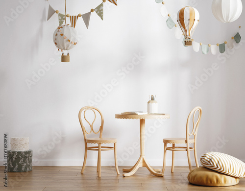 Warm and cozy children's room interior with fairy-tale motifs, 3d render