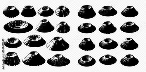 Black silhouettes of various volcano and crater shapes on a transparent background, illustrating geological formations.