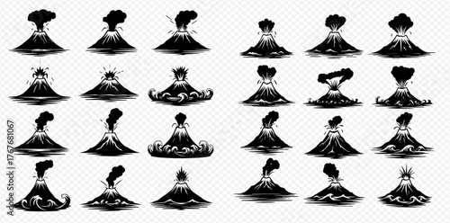 Stylized black and white vector icons depicting various volcano eruptions with smoke and lava, isolated on transparent background.
