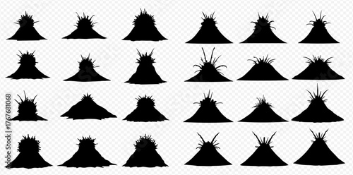 Collection of black silhouette vector icons depicting various small mounds or dirt piles with spiky or grassy protrusions on a transparent background.